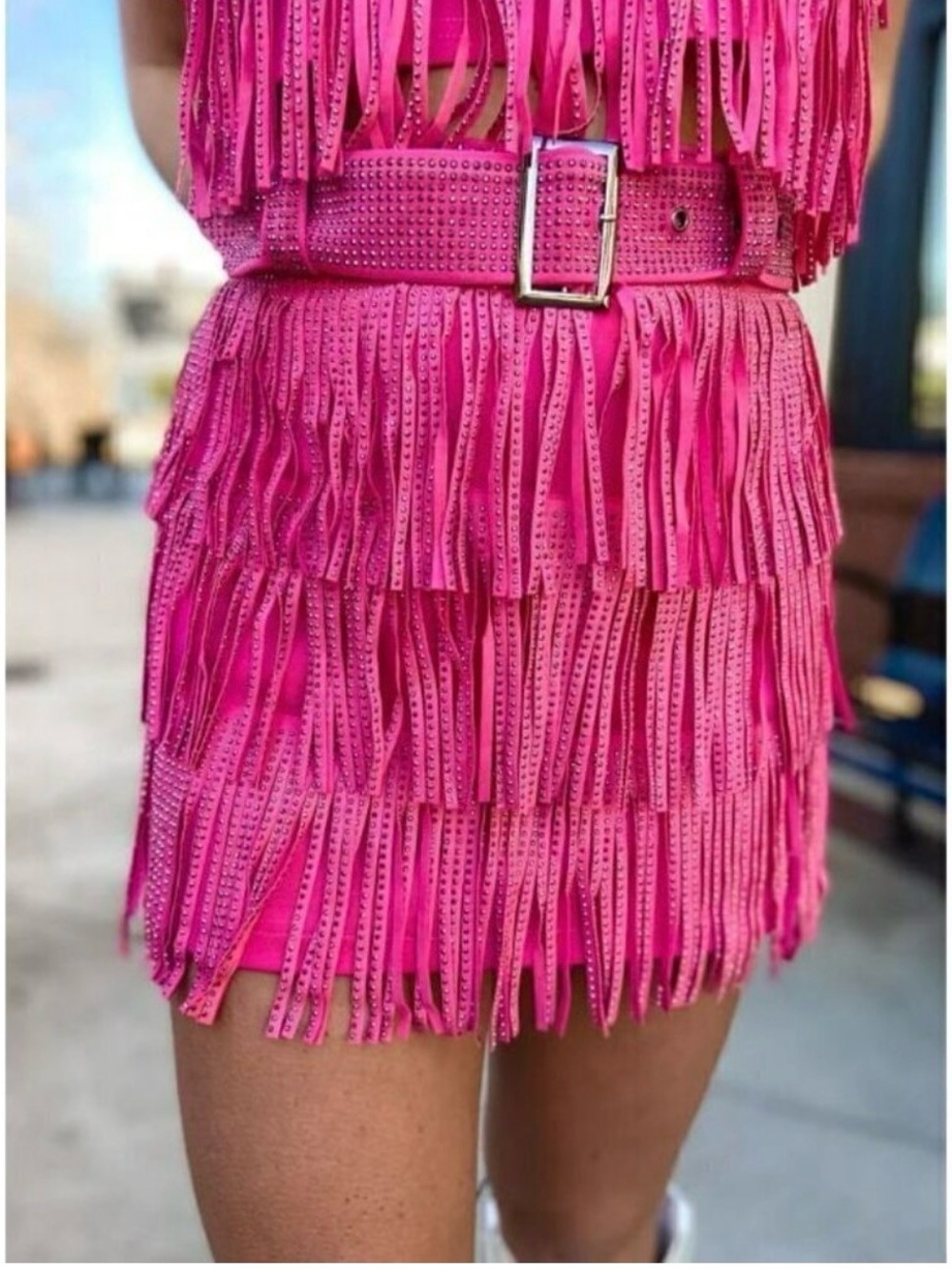 Nylon Apparel Pink rhinestone Fringe Skort Set Cropped Tank + Mini Skirt Small - Picture 10 of 14